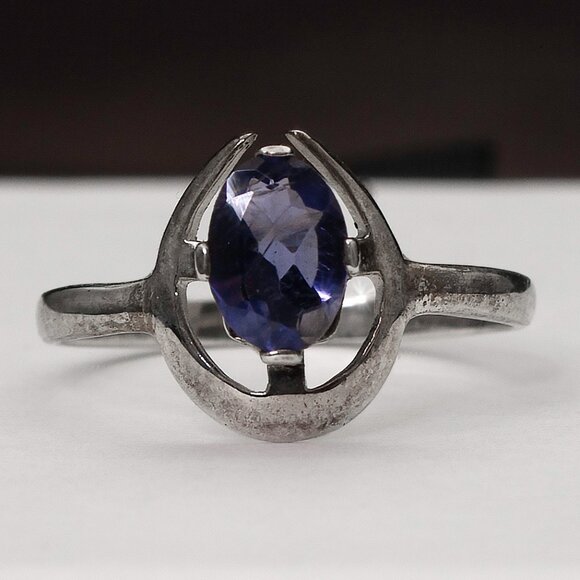 Blue Iolite Gemstone Vintage Custom Made Silver Ring, Size 7, Stamped 925 - Picture 4 of 9